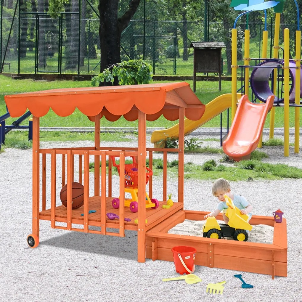 HAPPY verandás homokozó, 130x130x143cm, barna/narancs Jurhan