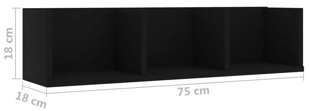 fekete szerelt fa CD-tartó fali polc 75 x 18 x 18 cm