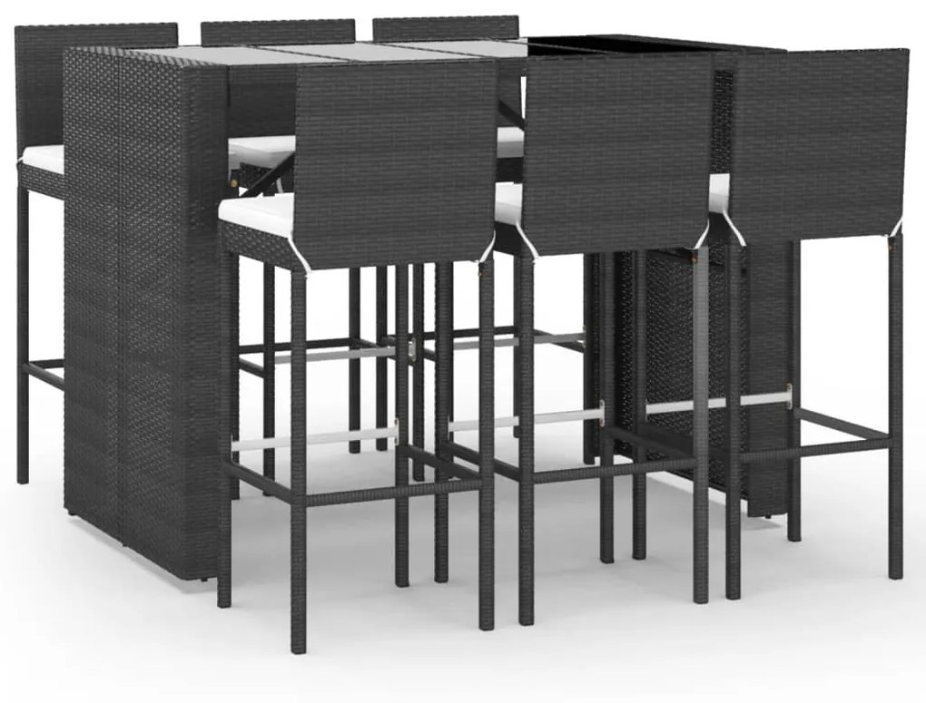 7 részes fekete polyrattan kerti bárszett párnákkal