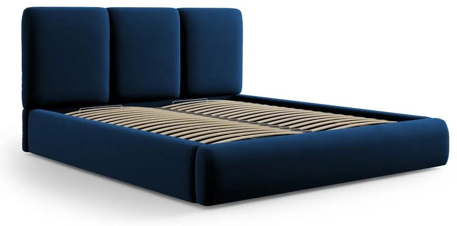 Sötétkék bársony kárpitozott ágyneműtartós franciaágy ágyráccsal 200x200 cm Brody – Mazzini Beds