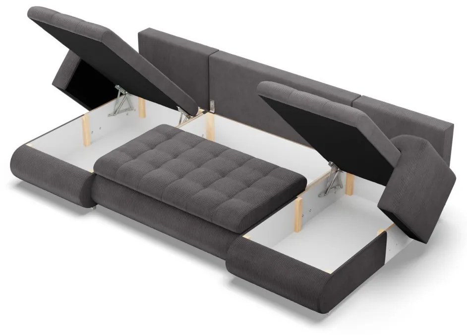 Tokio U alakú sarokkanapé, 3 ágyneműtartóval, kordbársony, univerzális oldal, szürke