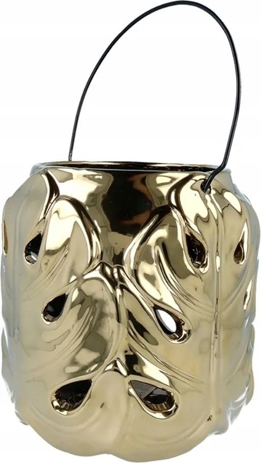 Arany kerámia gyertyatartó lampion áttört levelek fém fogantyú