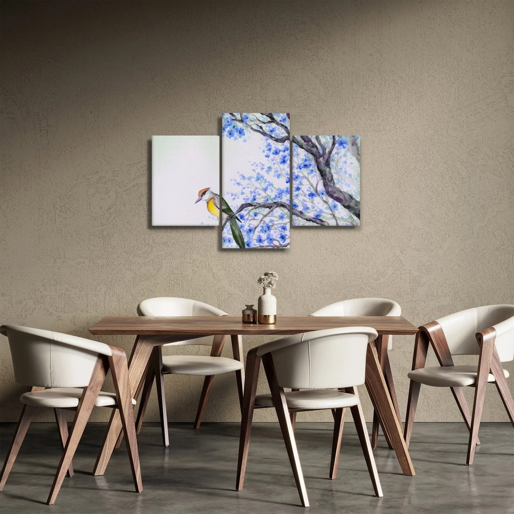 Kép - Madár egy fán kék virágokkal (90x60 cm)