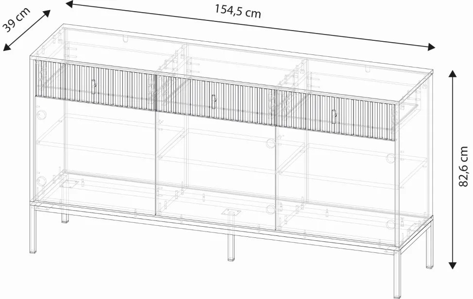 Komód 3 ajtóval és 3 fiókkal, füstzöld színben, fekete elemekkel és arany fogantyúkkal MAGGIORE