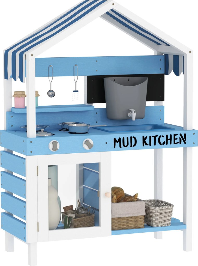 AIYAPLAY Kerti Mud Kitchen Gyerekeknek - Fából készült Kültéri Játék Konyha Tűzhellyel, Mosogatóval, Csapteleppel, Tárolópolcokkal, Edényekkel, Kiegés