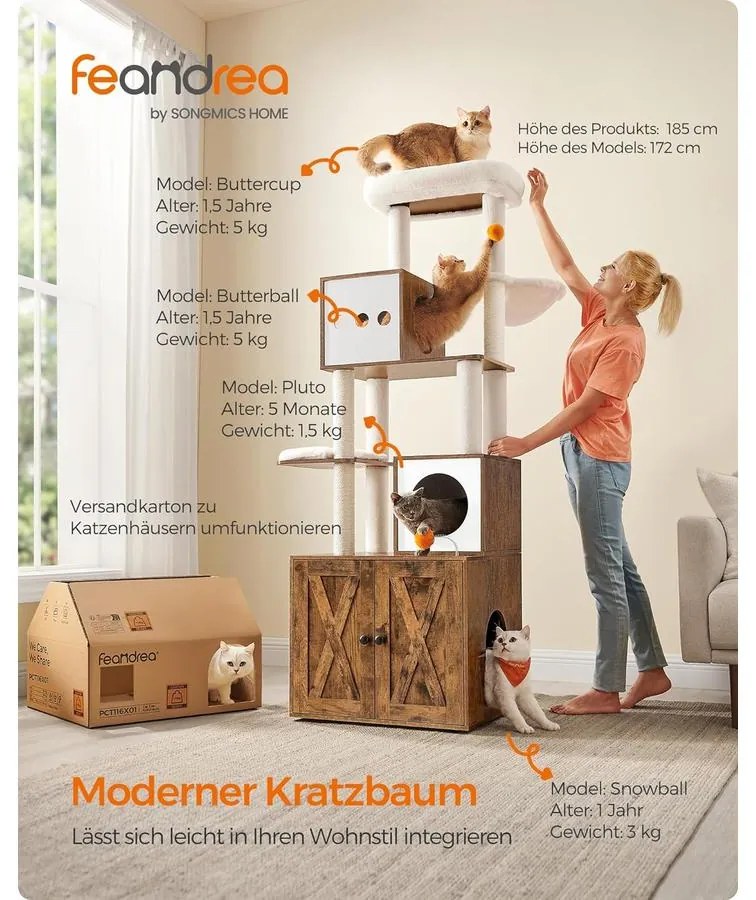 Macska kaparó, 185 cm magas macska kaparóoszlop alomdobozzal, rusztikus barna