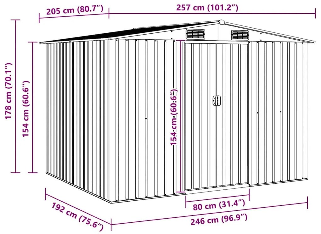 barna acél kerti fészer 257 x 205 x 178 cm