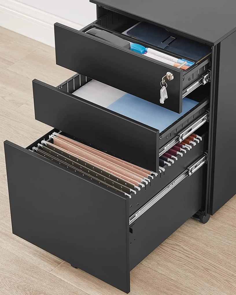 Mobil szekrény, zárható irodai szekrény 3 fiókkal, fekete