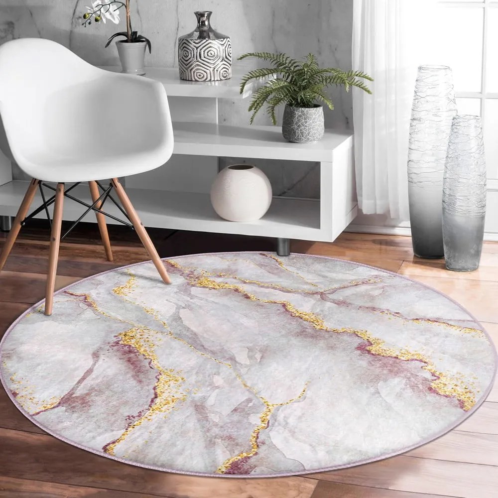 Világos rózsaszín-aranyszínű mosható kerek szőnyeg ø 120 cm Marble – Mila Home
