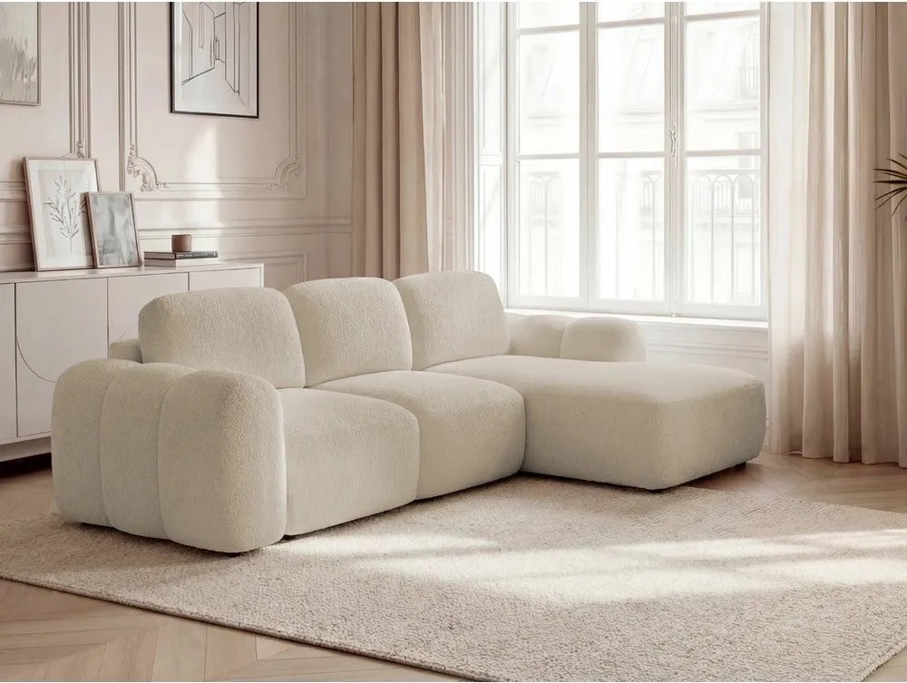 Bézs buklé kinyitható-tárolóhelyes sarokkanapé (jobb oldali-heverő résszel) Montaigne – Bobochic Paris