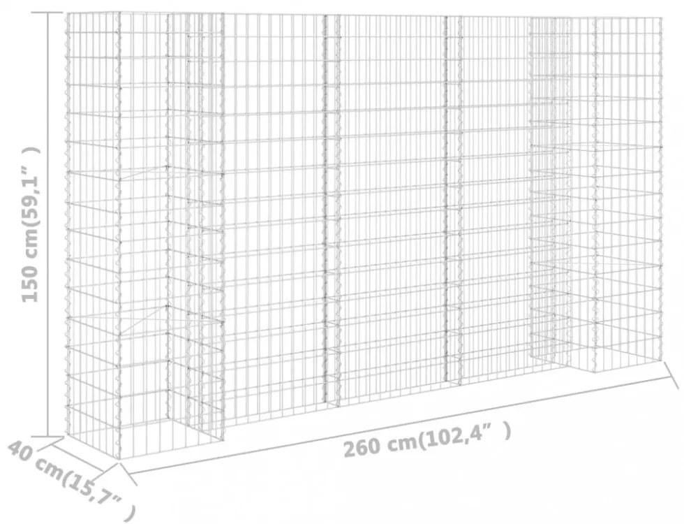 H alakú acéldrót virágtartó gabion 260 x 40 x 150 cm