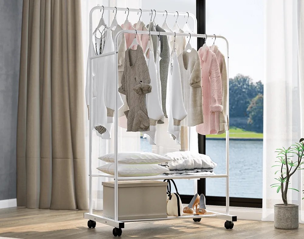 Kétsoros mozgatható akasztó, polcokkal, fehér, RAINER