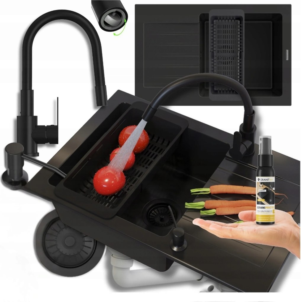 Mosogatógép fekete gránit Mino Szett mosogató csaptelep adagoló 6in1