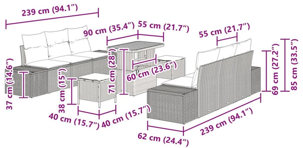 9 darabos Kert Kanapé Szett párnákra Bézs Poli Rattan Akác, 2 személyes Kert Kanapé párnákra Bézs Poli Rattan, 3 darabos Kert Étkező Szett párnákra Bézs Poli Rattan Akác
