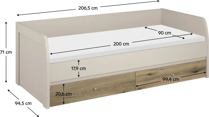 Ágy, 90x200, kasmír/evoke tölgy, KAROS 2S