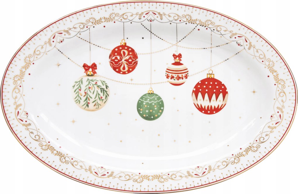 Tál, tálca, kínáló karácsonyi díszekkel, karácsonyfadíszekkel karácsonyi ünnepi dekoráció