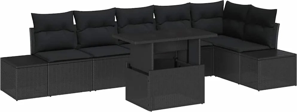 vidaXL Kerti Kanapé Szett tárolóval 7 pcs Fekete Poli rattan