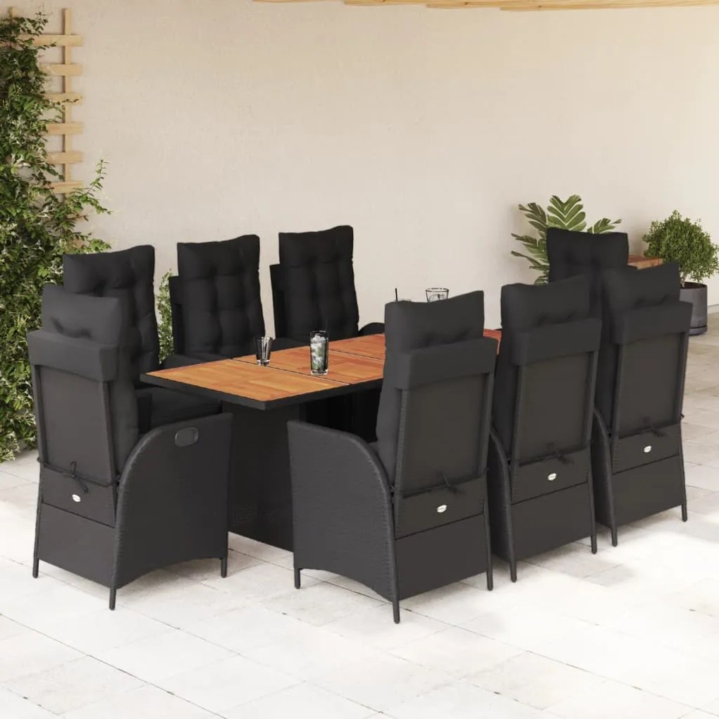 9 részes fekete polyrattan kerti étkezőgarnitúra párnákkal