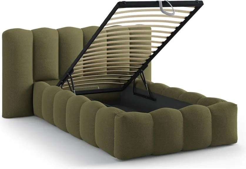 Khaki kárpitozott ágyneműtartós egyszemélyes ágy ágyráccsal 90x200 cm Lupine – Micadoni