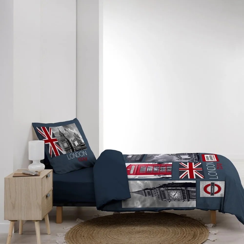 Sötétkék egyszemélyes pamut ágyneműhuzat 140x200 cm City London – douceur d'intérieur