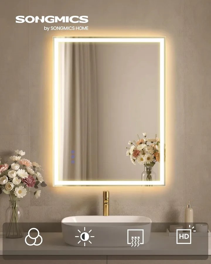 SONGMICS LED-es fürdőszobai tükör, 71x51 cm, páramentesítő funkció, fehér