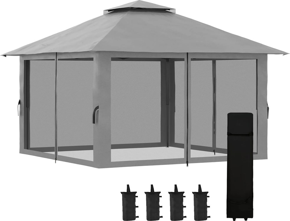 Outsunny 4x4 m Stabil Télálló Pop-up Kertpavilon Dupla Tetővel, UV Védelemmel 50+, Rendezvénysátor 4 Oldalfallal és Homokzsákokkal Kempingezéshez és K