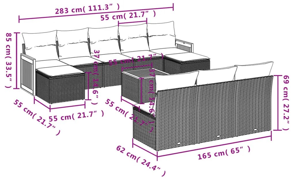 11 részes fekete polyrattan kerti ülőgarnitúra párnákkal