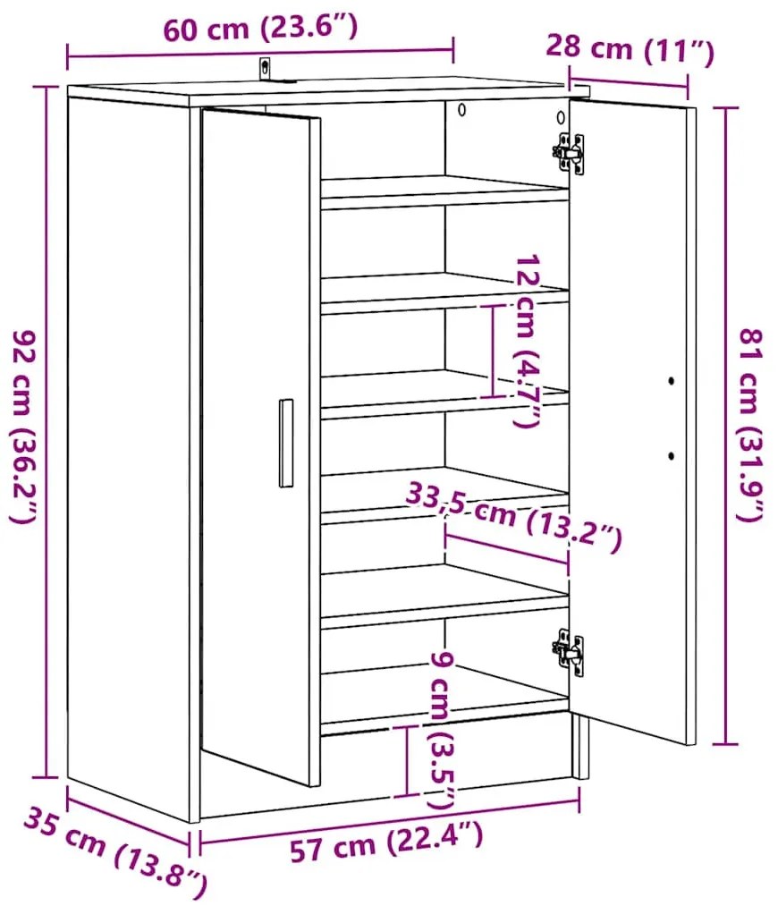 szürke sonoma színű szerelt fa cipősszekrény 60 x 35 x 92 cm