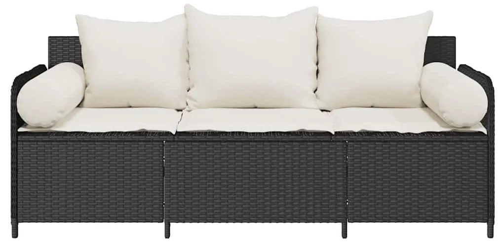 Fekete 3 személyes polyrattan kerti kanapé párnákkal