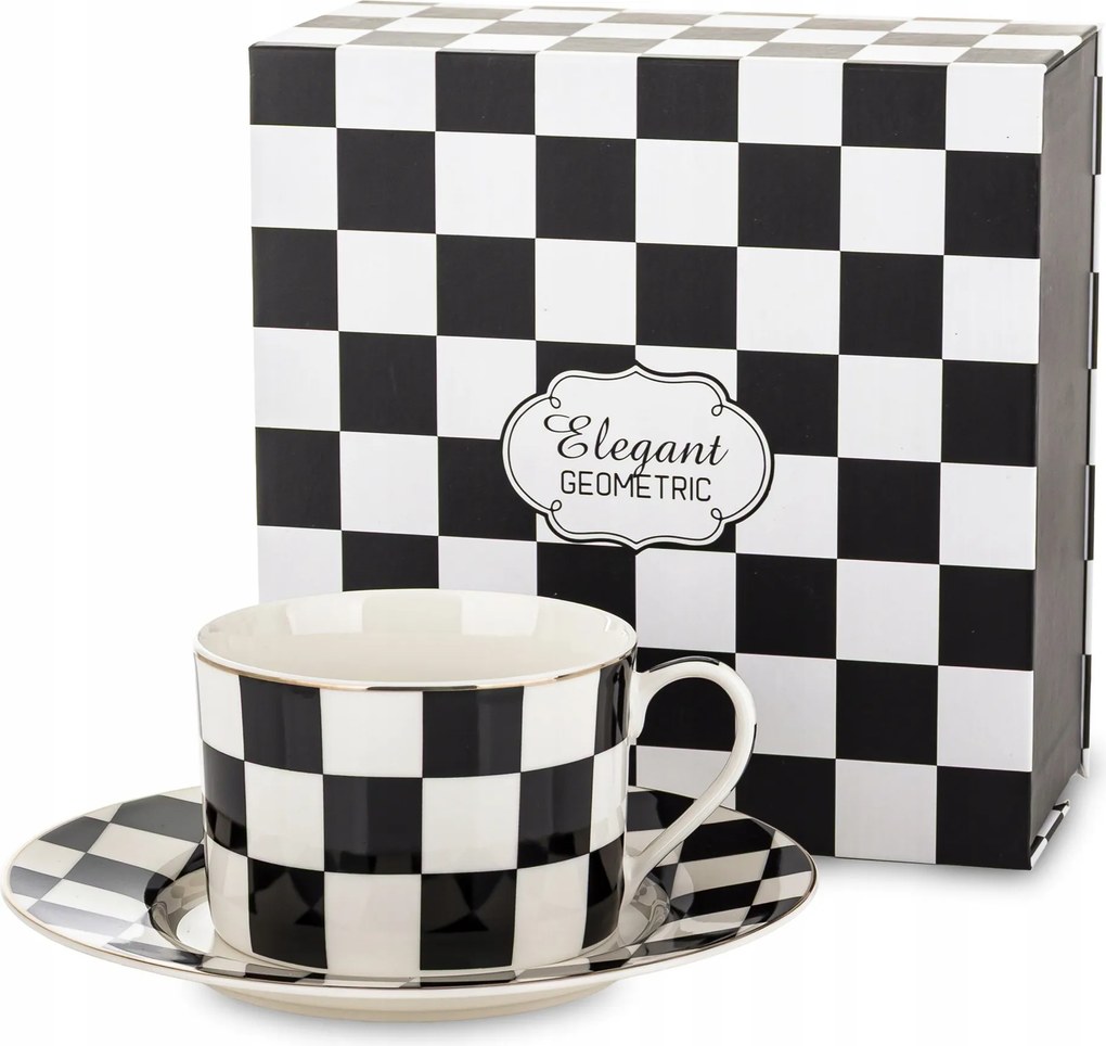 Porcelán Csésze Fehér Fekete Sakktábla Rács 220 ml Elegáns