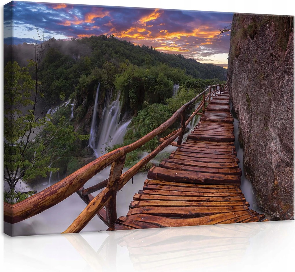 Vászonkép 70x50 Fa híd vízesés szakadék szikla köd hajnal természet