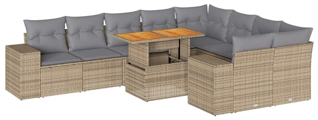 10 részes bézs polyrattan akácfa kerti ülőgarnitúra párnával