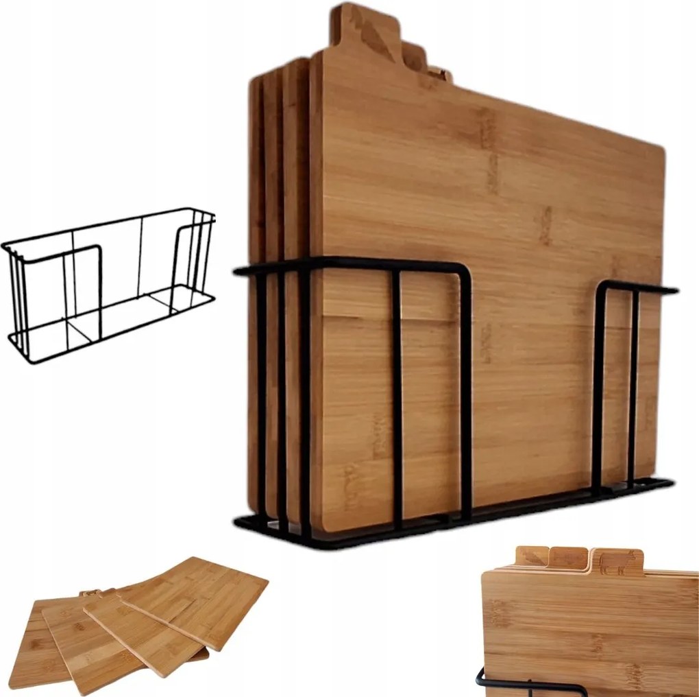 Bambusz Vágódeszka Szett 4 Db Konyhai Deszka Acél Állvány