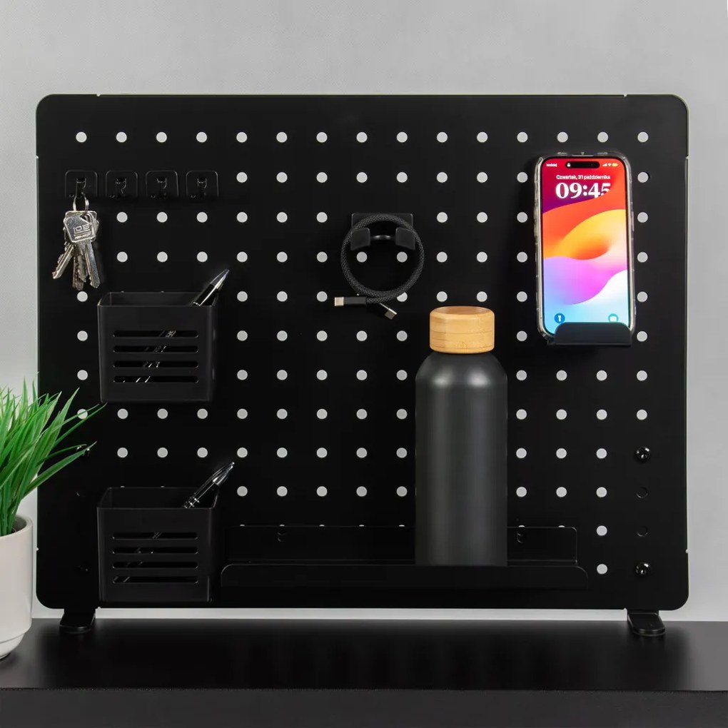Perforált tábla, pegboard, rendszerező íróasztalhoz, fekete 57,5x52cm LVN System LV0155