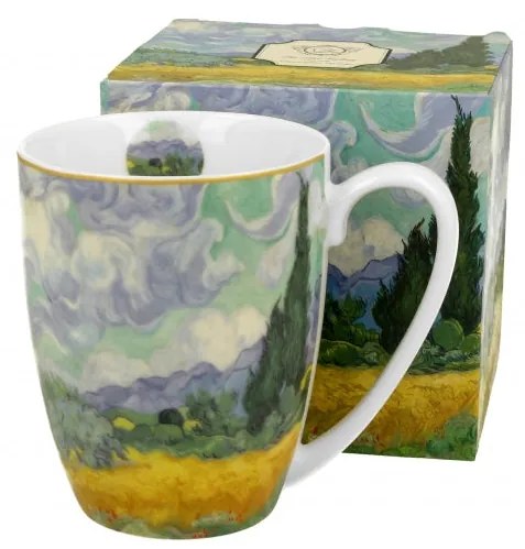 Van Gogh porcelán bögre díszdobozban Búzaföld Ciprusokkal