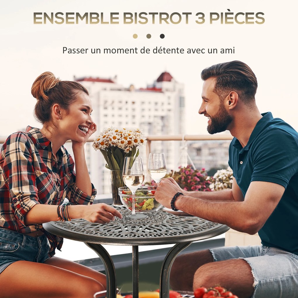 Outsunny 2 személyes kertiszett 2 szék + kerek asztal retro bájban, öntött alumíniumból, bronz színben | Aosom