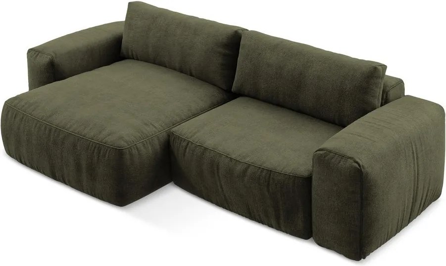 Zöld zsenília kinyitható sarokkanapé (bal oldali-heverő résszel) Kuki – Makamii