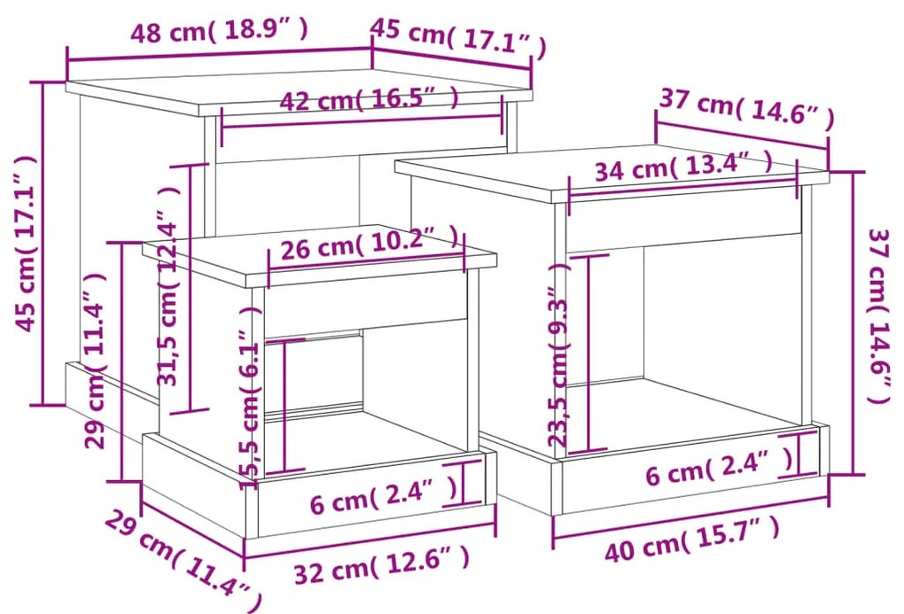 3 db fehér szerelt fa dohányzóasztal