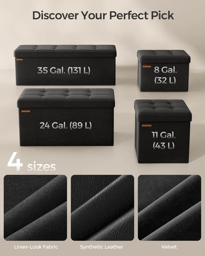 SONGMICS tárolós ülőke, összecsukható ülőpad, 38×76×38 cm, fekete