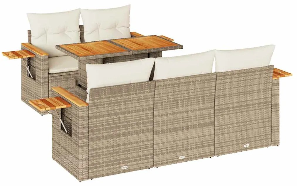 6 részes bézs polyrattan akácfa kerti ülőgarnitúra párnával