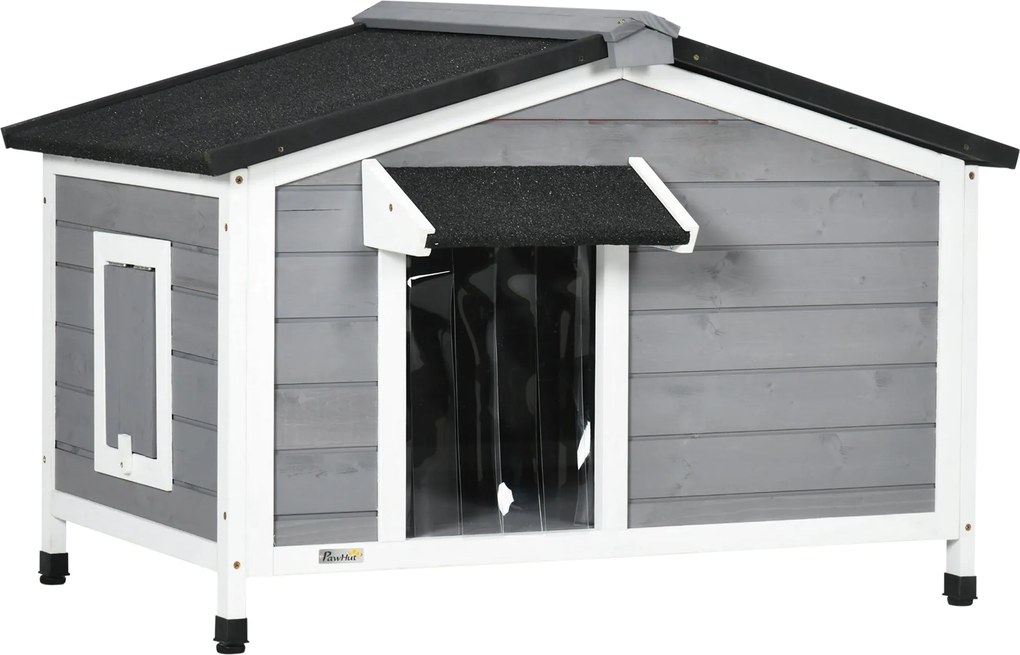 PawHut Kültéri Kutyaól Kistermetű Kutyáknak Nyitható Aszfalt Tetővel, 2 Ablakkal, Akril Függönnyel A Nyílásban És Levehető Alappal, 97x72x65 cm Szürke