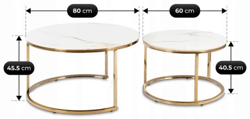 MILANO 2 részes dohányzóasztal szett fehér márványhatás/arany színben