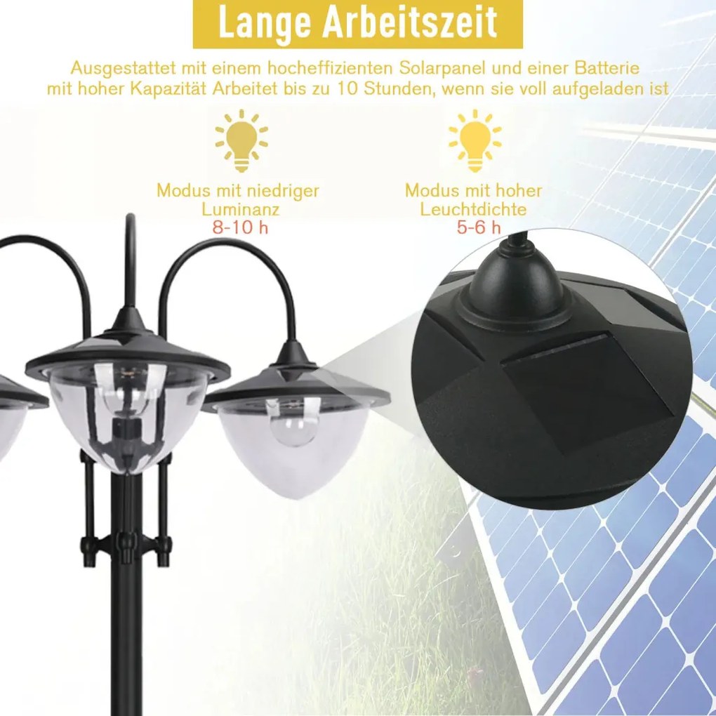 Solar Lantern állólámpa fémből, kerti lámpa, 189 cm magas, kültéri széllámpa, vízálló IP44 virágcserép talppal fekete