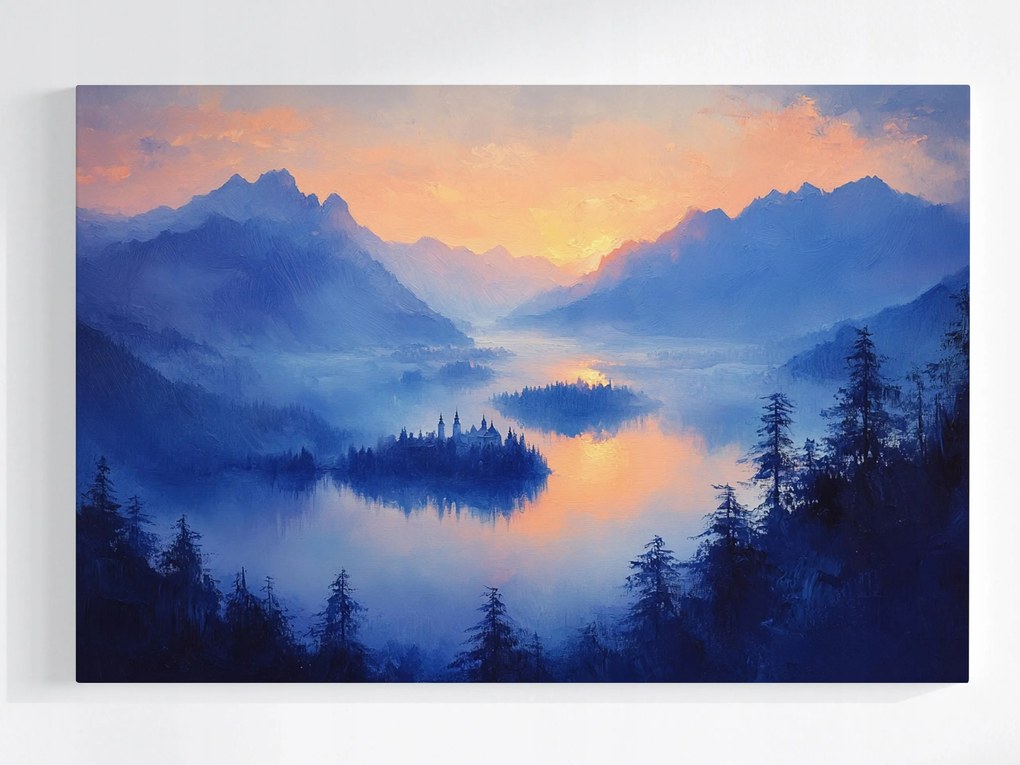 Poszter Tájkép Magas Hegyek Erdő Tó Sziget Kastély 60x40