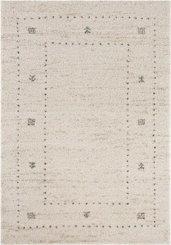 Shaggy szőnyeg nappaliba 80x150cm, krémszínű puha szálú, boho mintával