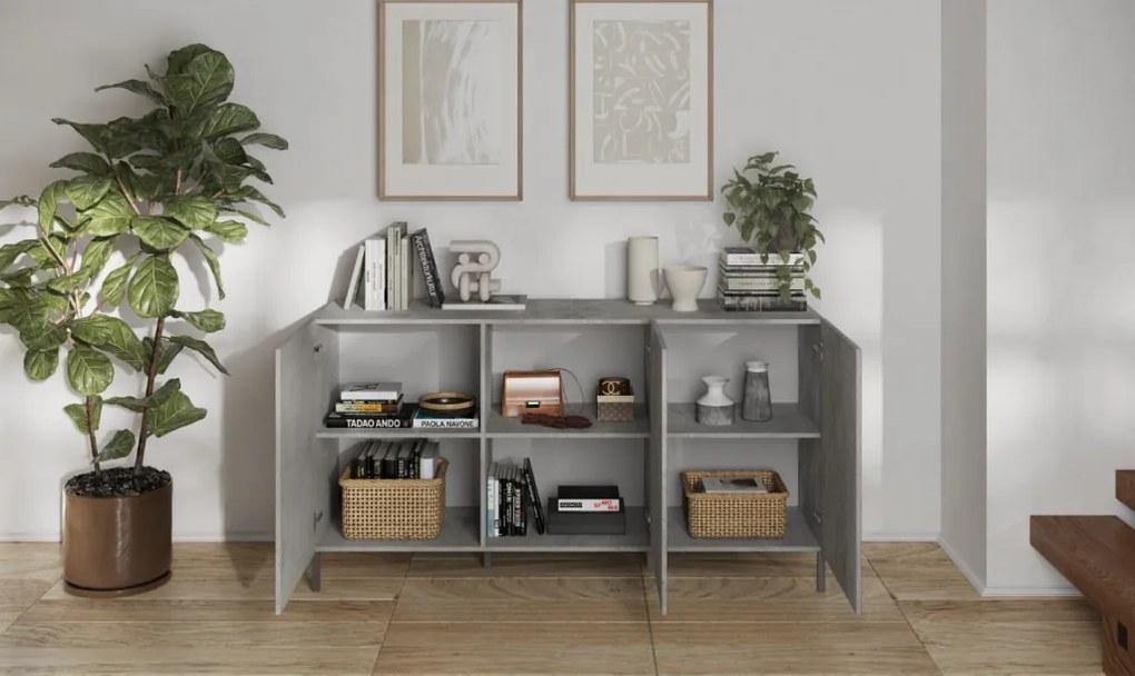 SNAKE háromajtós komód, betonhatású laminált testtel és szürke, díszített mintázatú előlapokkal