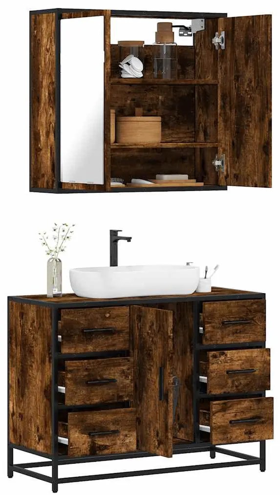 2 részes füstös tölgy színű szerelt fa fürdőszobai bútorszett