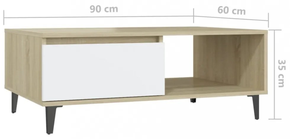 fehér és tölgyszínű szerelt fa dohányzóasztal 90 x 60 x 35 cm