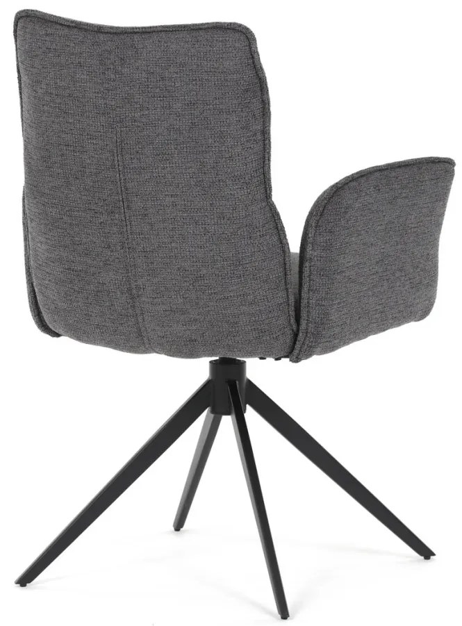 Scaun de dining rotativ, tapițat cu material textil gri, mecanism rotativ 360°, picioare metalice negre