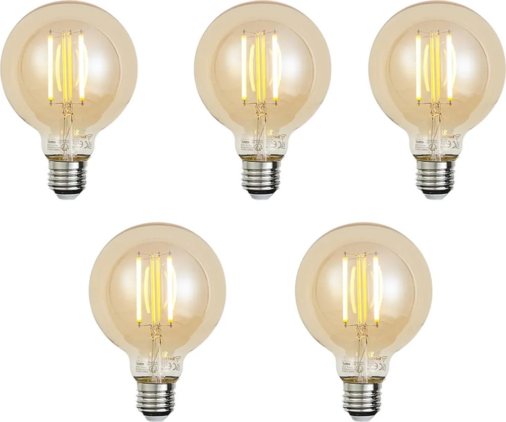 5 darabos készlet Smart E27 dimmelhető LED izzók G95 arany 7W 806 lm 1800-6500K